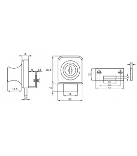 Serrure forme carrée pour porte simple de vitrine en verre