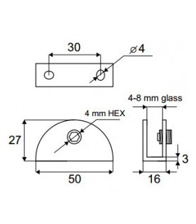 Support demi rond pour verre d'épaisseur 4 à 8 mm Support demi rond pour verre d'épaisseur 4 à 8 mm