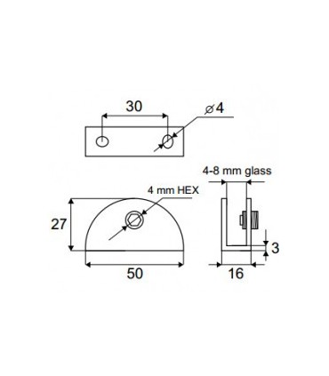 Support demi rond pour verre d'épaisseur 4 à 8 mm