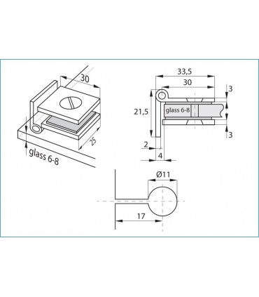 Charnière Bosch pour porte de vitrine en verre montage verre sur bois
