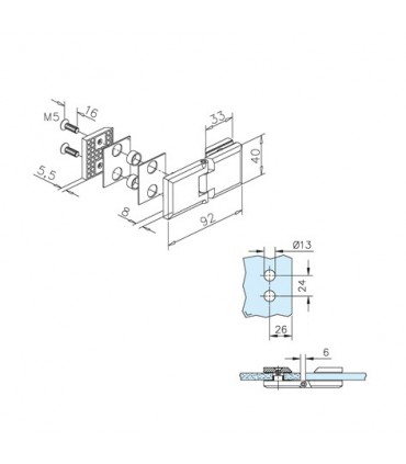 Charnière pour porte en verre fixation verre sur verre