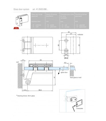Paumelle inox avec fiche de 45 mm pour porte clarit en verre