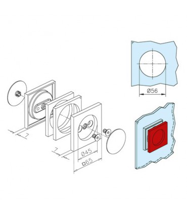 Poignée insert forme carrée pour porte coulissante en verre