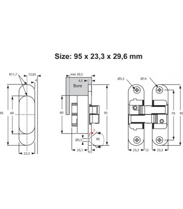 Paumelles invisibles série 3D ajustement hauteur 95 mm