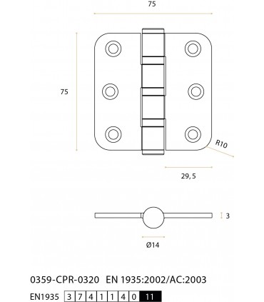 Paumelle en inox inifugé sur roulement à billes 75 x 75 mm