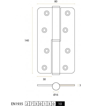 Paumelle 140 x 80 mm en inox aisi 304