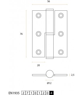 Charnière en inox 76 x 56 x 2.5 mm