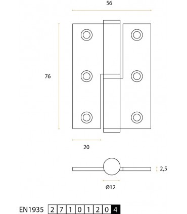 Charnière en inox 76 x 56 x 2.5 mm