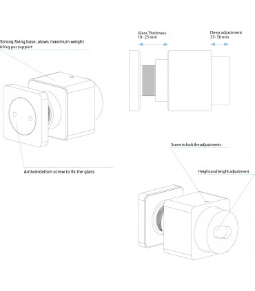 Fixation ponctuelle ajustable forme carrée pour garde-corps en verre