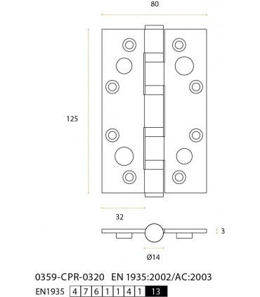 Paumelle de sécurité 125X80 en inox inifugé sur roulement à billes angles vifs