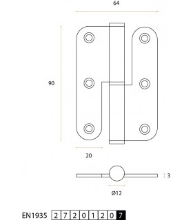 Charnière en inox 90 x 64 x 3 mm