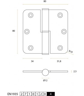 Charnière en inox 80 x 80 x 2.5 mm