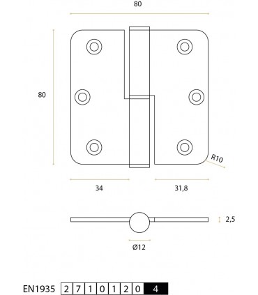 Charnière en inox 80 x 80 x 2.5 mm