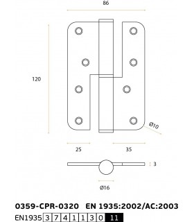 Charnière en inox inifugé 120 x 86 x 3 mm