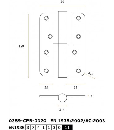Charnière en inox inifugé 120 x 86 x 3 mm