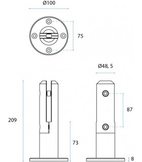 Pince à verre ht.209 mm sur embase en inox pour garde corps de terrasse et piscine