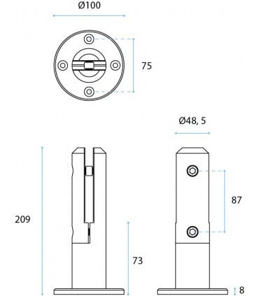 Pince à verre ht.209 mm sur embase en inox pour garde corps de terrasse et piscine