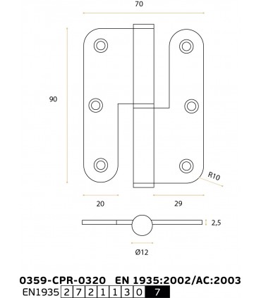 Charnière 90/70 en inox inifugé angles arrondis