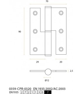 Charnière 90/70 en inox ignifugé angles vifs