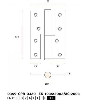 Charnière 120/86 en inox ignifugé angles vifs