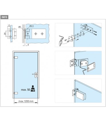 Paumelle inox avec fiche de 40 mm pour porte clarit en verre