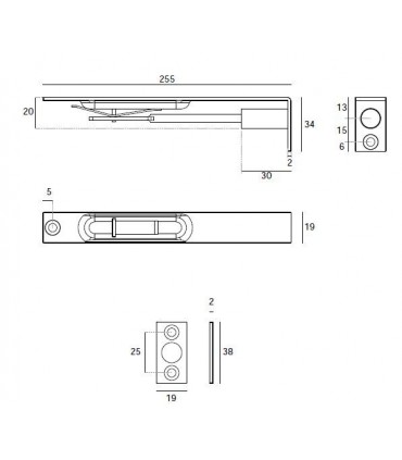Verrou de porte en inox encastrable bouts droits