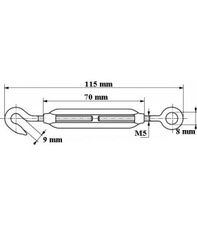 Tendeur oeil crochet en inox aisi 316 sur tige filetée M5
