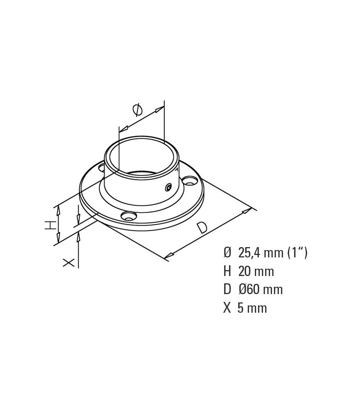 Embase inclinée 6 degré pour chandelier diamètre 25mm en acier inoxydable