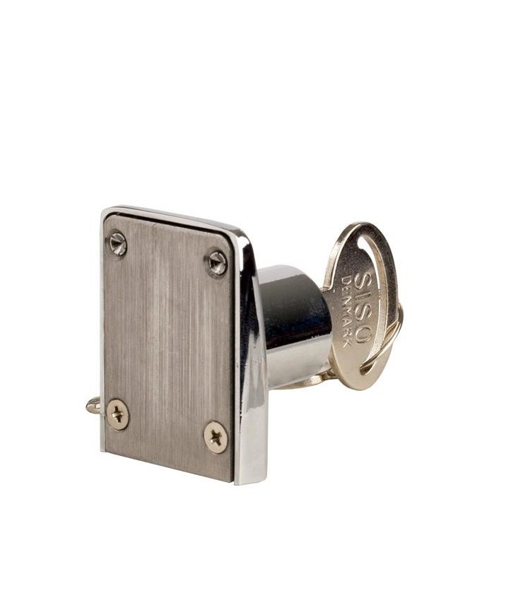 Serrure pour porte de vitrine en verre, montage par collage sur le verre.