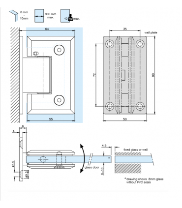 Charnière 90° ajustable pour porte de douche en verre