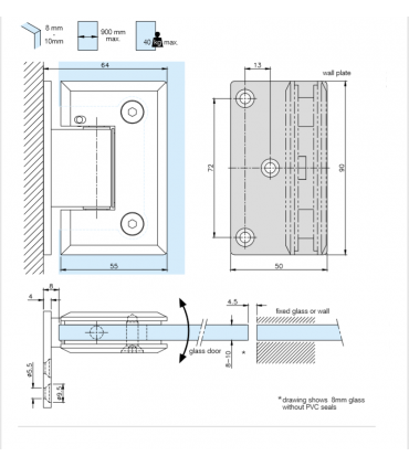 Charnière sur platine déportée ajustable pour porte de douche en verre