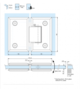 Charnière ajustable ouverture à 180° pour porte de douche Charnière ajustable ouverture à 180° pour porte de douche