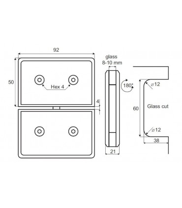Charnière verre sur verre ouverture à 180° pour porte en verre