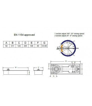 Ferme porte bas à encaster série HEKLA ouverture +/- 116°