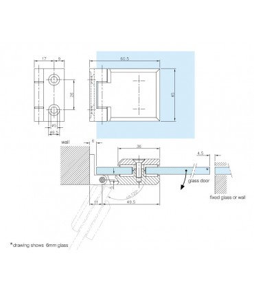 Charnière carrée pour porte en verre fixation contre mur