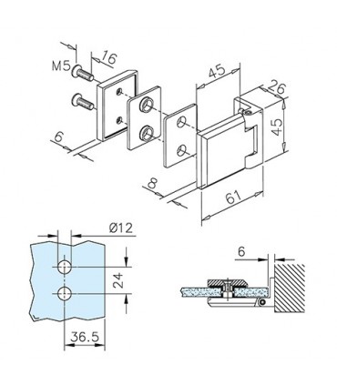 Charnière carrée pour porte en verre fixation contre mur