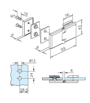 Charnière pare douche forme carrée fixation verre/verre