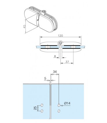 Double charnière pour portillon en verre