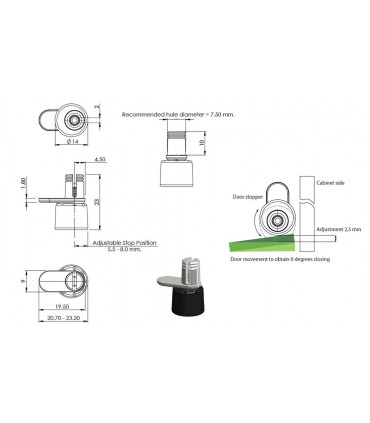 Butée excentrique pour porte de vitrine