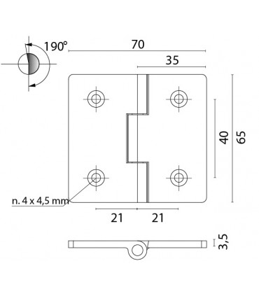 Charnière au ras acier inoxydable 190° dim.70/65 mm