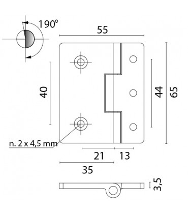 Charnière au ras acier inoxydable 190° dim.65/55 mm