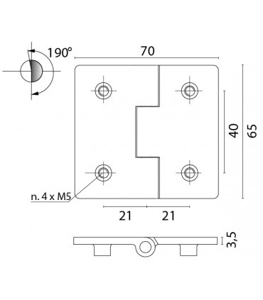 Charnière au ras acier inoxydable 190° dim.70/65 mm