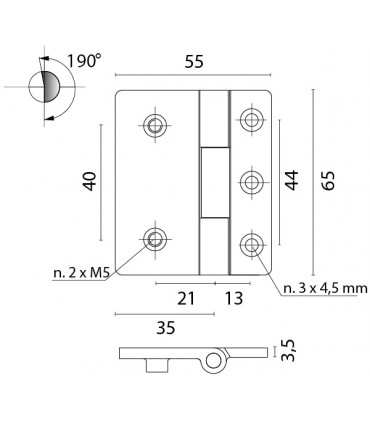 Charnière au ras acier inoxydable 190° dim.65/55 mm
