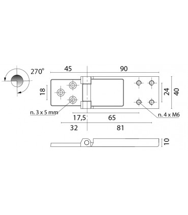 Charnière au ras acier inoxydable 270° dim.95/40 mm