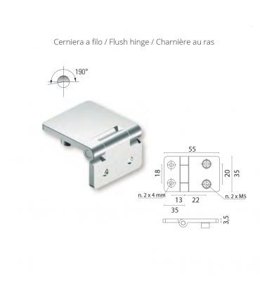 Charnière au ras acier inoxydable 190° dim.55/35 mm