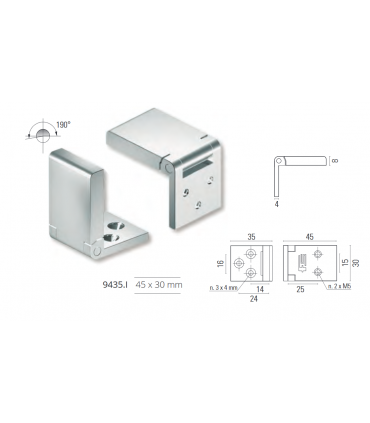 Charnière au ras acier inoxydable 190° dim.45/30 mm