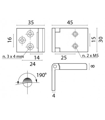 Charnière au ras acier inoxydable 190° dim.45/30 mm