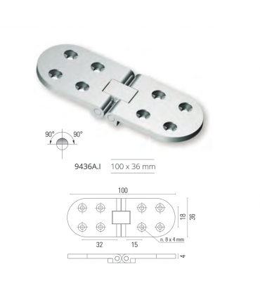 Charnière au ras acier inoxydable 90° dim.100/36 mm
