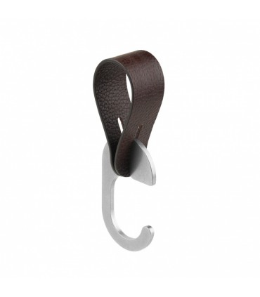 Patère lanière cuir naturel et crochet inox pour barre de penderie