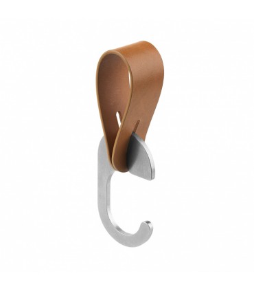 Patère lanière cuir naturel et crochet inox pour barre de penderie